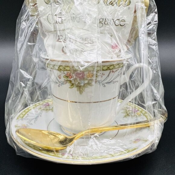 Floral Lattice Coffee Cup and Saucer Gold Trim Gift Set Spoon Espresso Wrapped - Picture 2 of 10